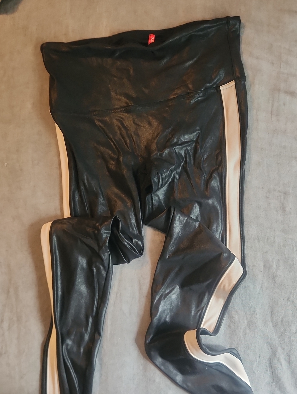 SPANX Black Faux Leather Leggings with White Side Panels-large